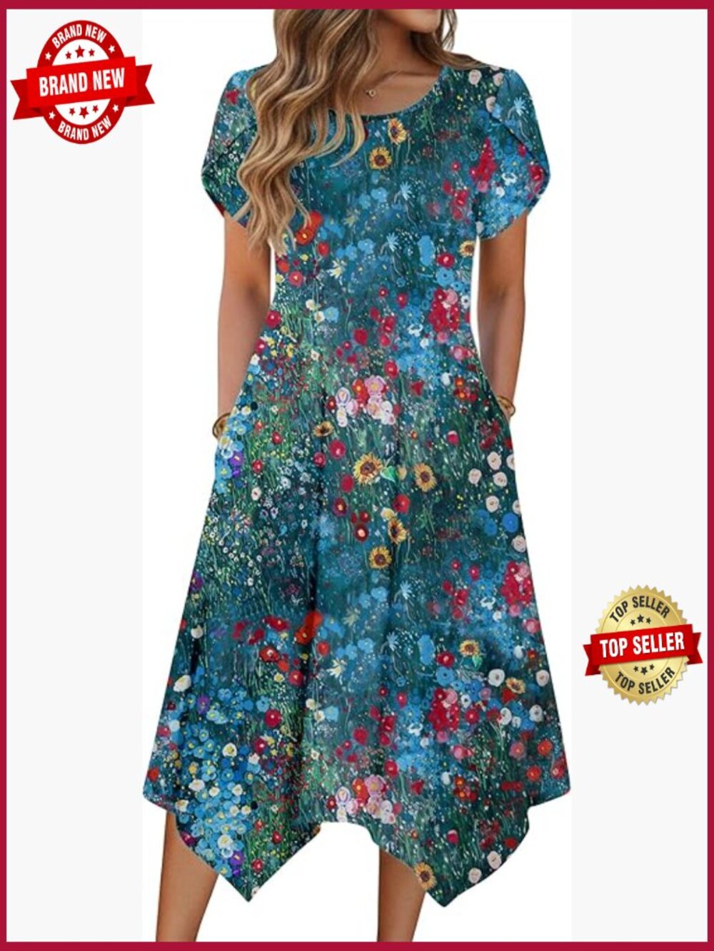 Short Sleeve Midi Sundress with Pockets Flowy Beach Dress